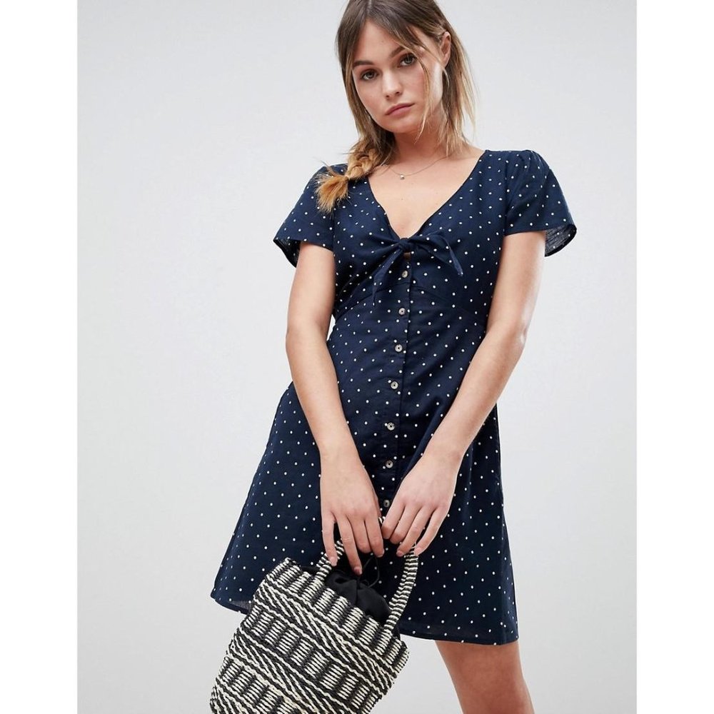 Abercrombie & Fitch Blue Polka Mini Dress Size XSP Knot Front